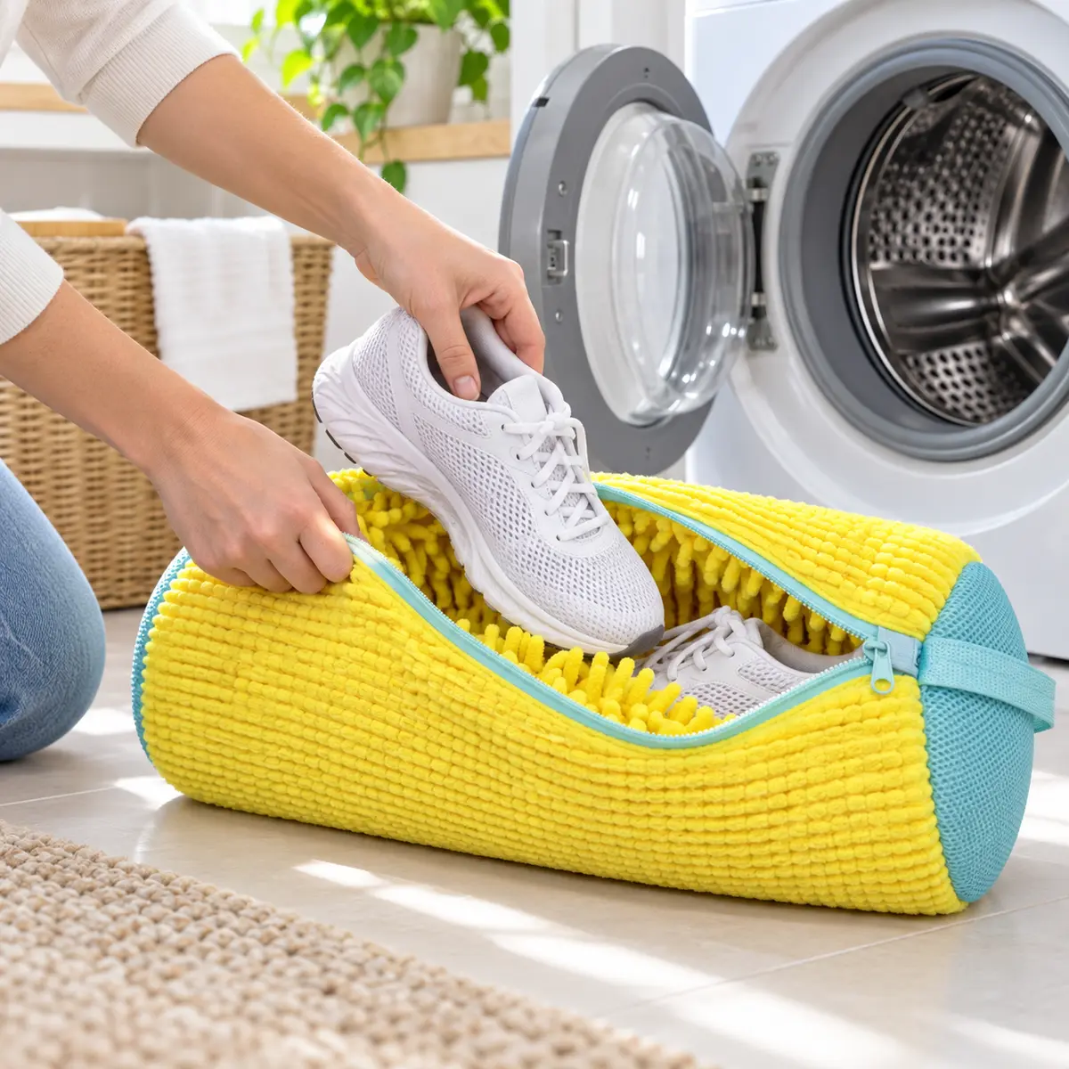 Colocación de unas zapatillas dentro de la bolsa ZELVANE junto a una lavadora