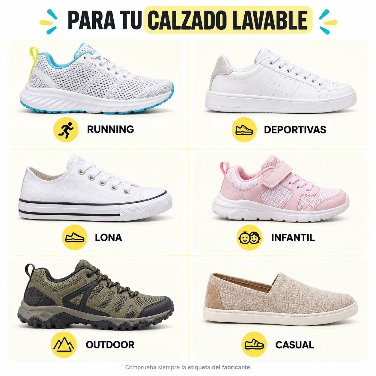 Guía ilustrativa de tipos de calzado lavable compatibles con la bolsa ZELVANE